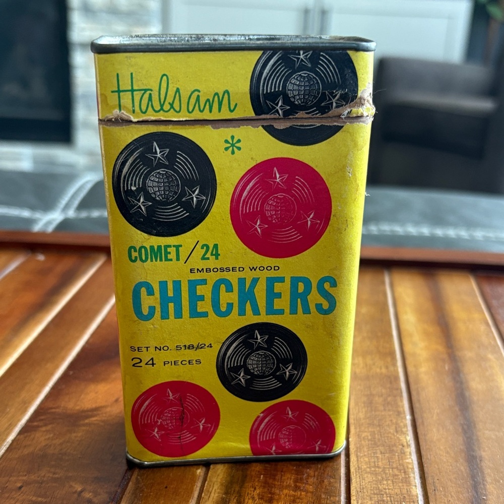 Vtg HALSAM Cardboard Tin Box (24) Black Red Embossed Wood Comet Checkers